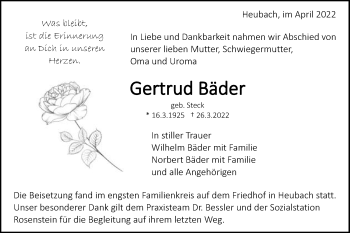 Traueranzeige von Gertrud Bäder von Gmünder Tagespost