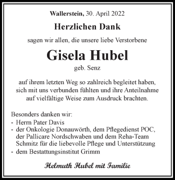 Traueranzeige von Gisela Hubel von Schwäbische Post