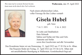Traueranzeige von Gisela Hubel von Schwäbische Post