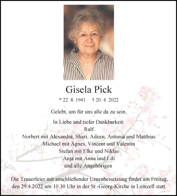 Traueranzeige von Gisela Pick