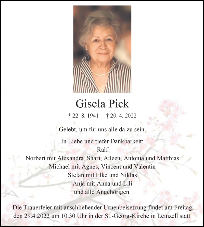  Traueranzeige für Gisela Pick vom 26.04.2022 aus Gmünder Tagespost