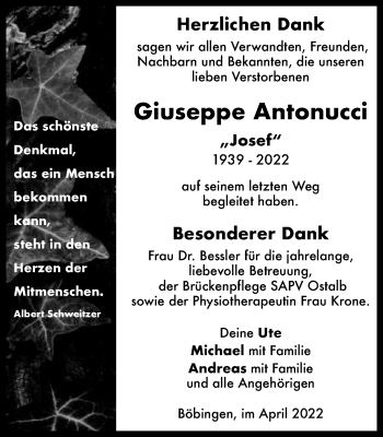 Traueranzeige von Giuseppe Antonucci von Gmünder Tagespost