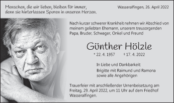 Traueranzeige von Günther Hölzle von Schwäbische Post