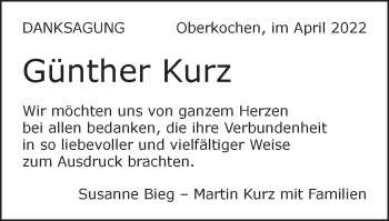 Traueranzeige von Günther Kurz von Amtsblatt_Oko