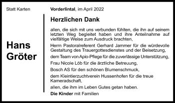 Traueranzeige von Hans Gröter von Gmünder Tagespost