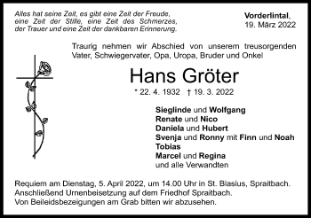 Traueranzeige von Hans Gröter von Gmünder Tagespost