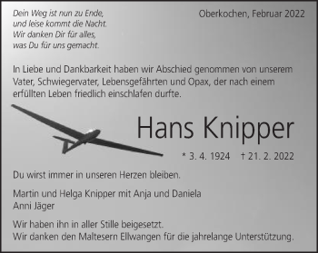 Traueranzeige von Hans Knipper von Schwäbische Post