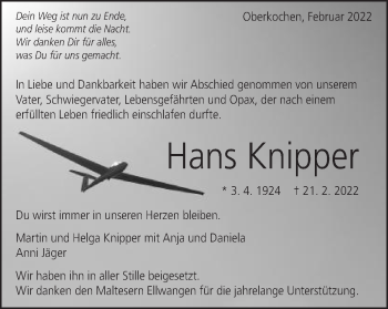 Traueranzeige von Hans Knipper von Amtsblatt_Oko
