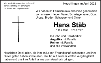 Traueranzeige von Hans Stäb von Gmünder Tagespost