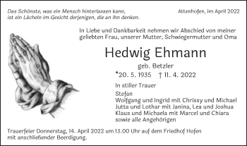 Traueranzeige von Hedwig Ehmann von Schwäbische Post