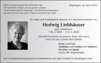Traueranzeige von Hedwig Liebhäuser von Schwäbische Post