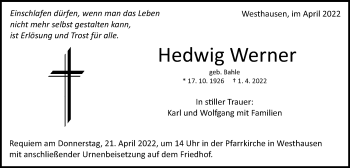 Traueranzeige von Hedwig Werner von Schwäbische Post