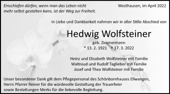 Traueranzeige von Hedwig Wolfsteiner von Schwäbische Post