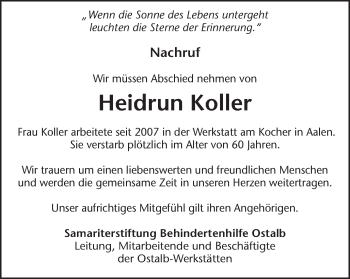 Traueranzeige von Heidrun Koller von Schwäbische Post