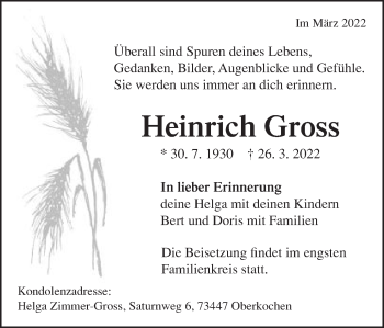 Traueranzeige von Heinrich Gross von Amtsblatt_Oko
