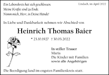Traueranzeige von Heinrich Thomas Baier von Gmünder Tagespost