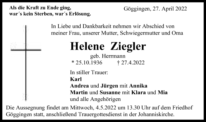  Traueranzeige für Helene Ziegler vom 30.04.2022 aus Gmünder Tagespost