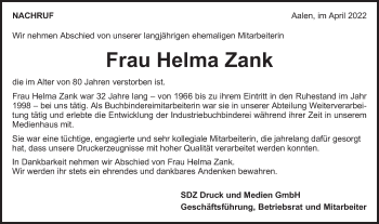 Traueranzeige von Helma Zank von Schwäbische Post
