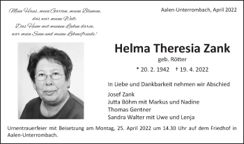 Traueranzeige von Helma Theresia Zank von Schwäbische Post