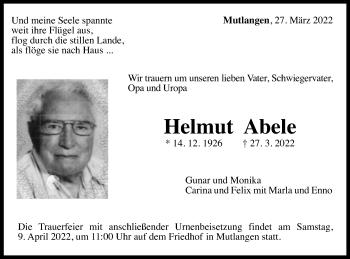 Traueranzeige von Helmut Abele von Gmünder Tagespost
