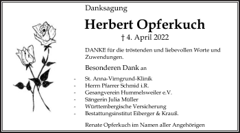 Traueranzeige von Herbert Opferkuch von Schwäbische Post