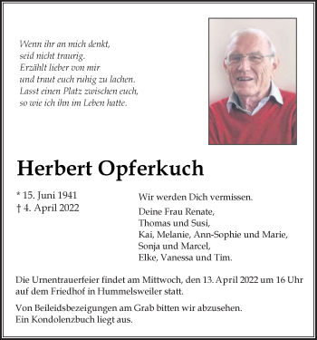 Traueranzeige von Herbert Opferkuch von Schwäbische Post