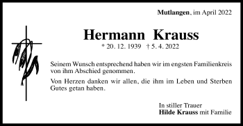 Traueranzeige von Hermann Krauss von Gmünder Tagespost