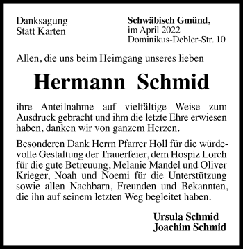 Traueranzeige von Hermann Schmid von Gmünder Tagespost