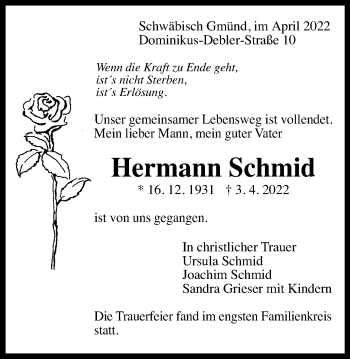 Traueranzeige von Hermann Schmid von Gmünder Tagespost