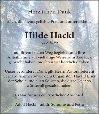 Traueranzeige von Hilde Hackl von Gmünder Tagespost