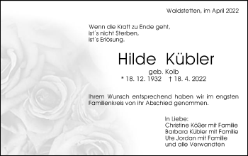 Traueranzeige von Hilde Kübler von Gmünder Tagespost
