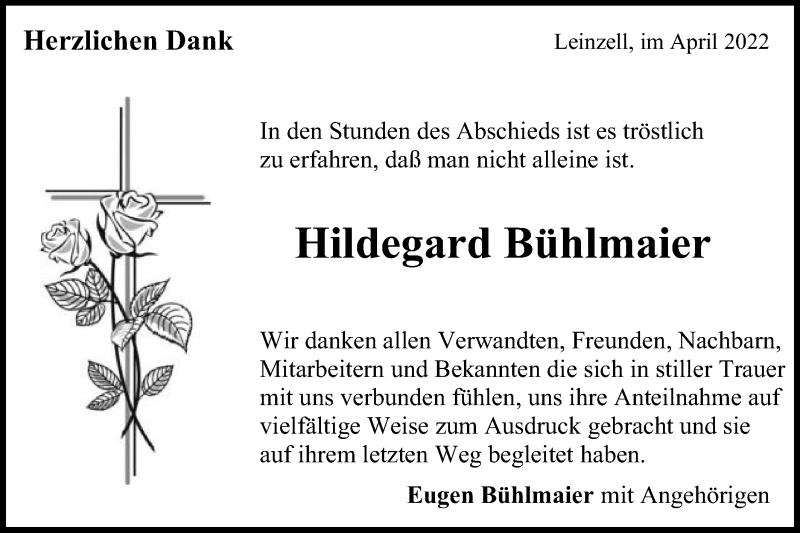 Traueranzeige für Hildegard Bühlmaier vom 30.04.2022 aus Gmünder Tagespost