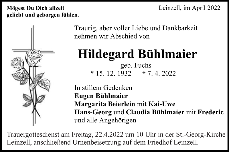  Traueranzeige für Hildegard Bühlmaier vom 19.04.2022 aus Gmünder Tagespost