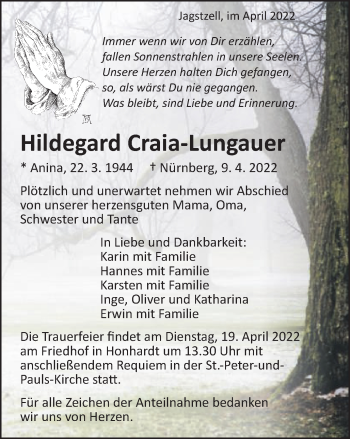 Traueranzeige von Hildegard Craia-Lungauer von Schwäbische Post