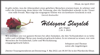 Traueranzeige von Hildegard Sluzalek von Schwäbische Post