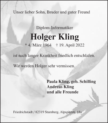 Traueranzeige von Holger Kling von Schwäbische Post