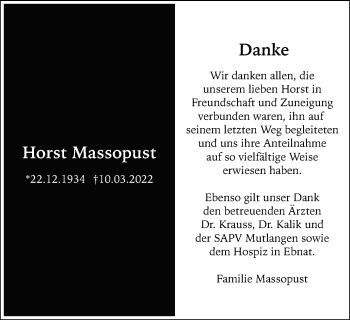 Traueranzeige von Horst Massopust von Schwäbische Post