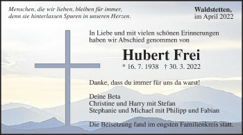 Traueranzeige von Hubert Frei von Gmünder Tagespost