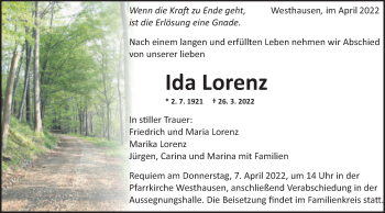 Traueranzeige von Ida Lorenz von Schwäbische Post
