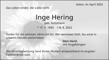 Traueranzeige von Inge Hering von Schwäbische Post