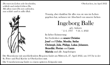 Traueranzeige von Ingeborg Balle von Schwäbische Post