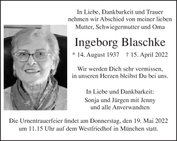 Traueranzeige von Ingeborg Blaschke von Schwäbische Post