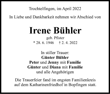 Traueranzeige von Irene Bühler von Schwäbische Post
