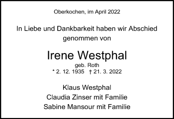 Traueranzeige von Irene Westphal von Amtsblatt_Oko