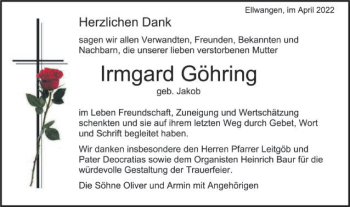 Traueranzeige von Irmgard Göhring von Schwäbische Post