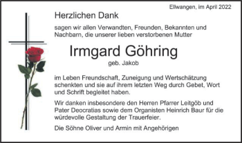 Traueranzeige von Irmgard Göhring