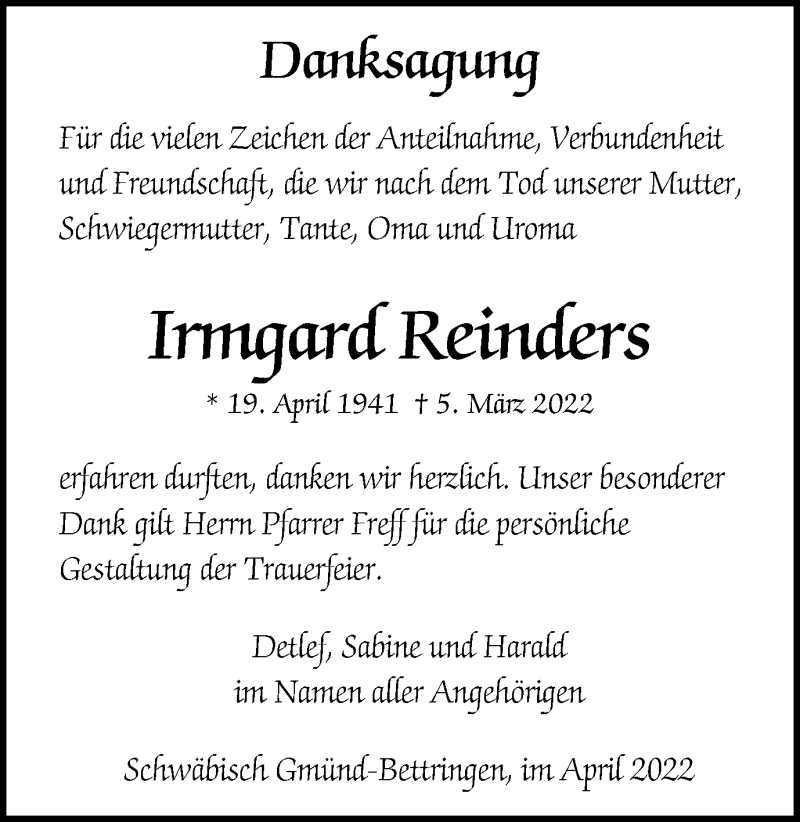  Traueranzeige für Irmgard Reinders vom 07.04.2022 aus Gmünder Tagespost