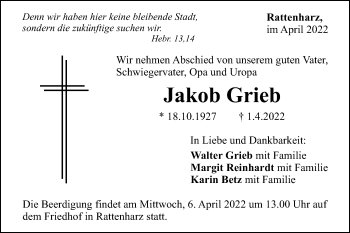 Traueranzeige von Jakob Grieb von Gmünder Tagespost