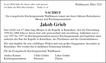 Traueranzeige von Jakob Grieb von Gmünder Tagespost