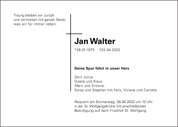 Traueranzeige von Jan Walter von Schwäbische Post